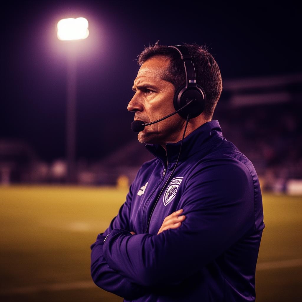 Coach on the sideline at night with headset on
