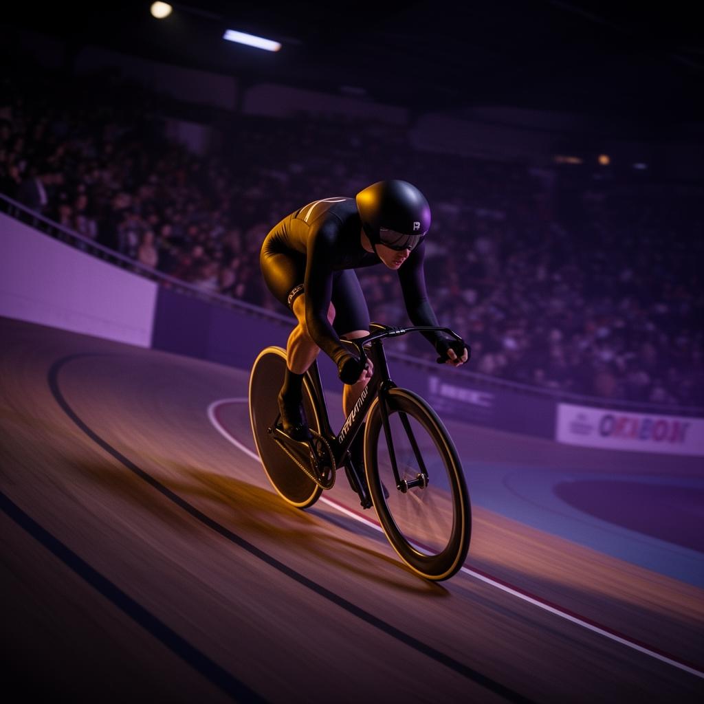 Track cyclist leaning into a velodrome curve